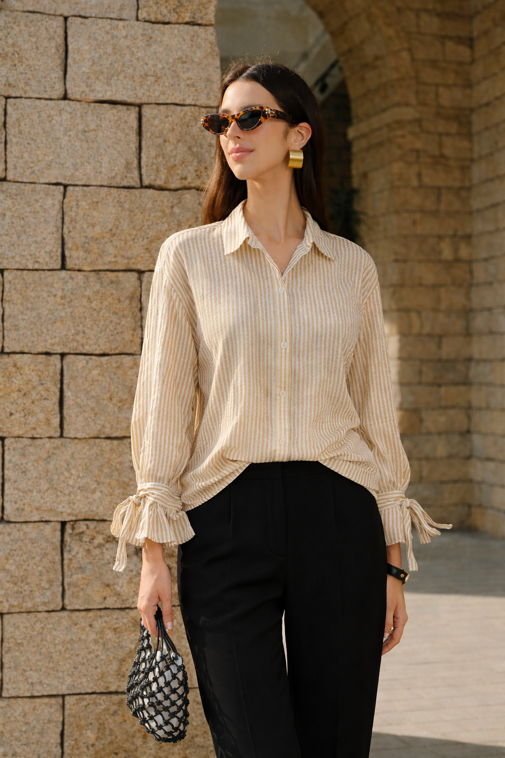 Beige Seersucker Relaxed Fit Shirt