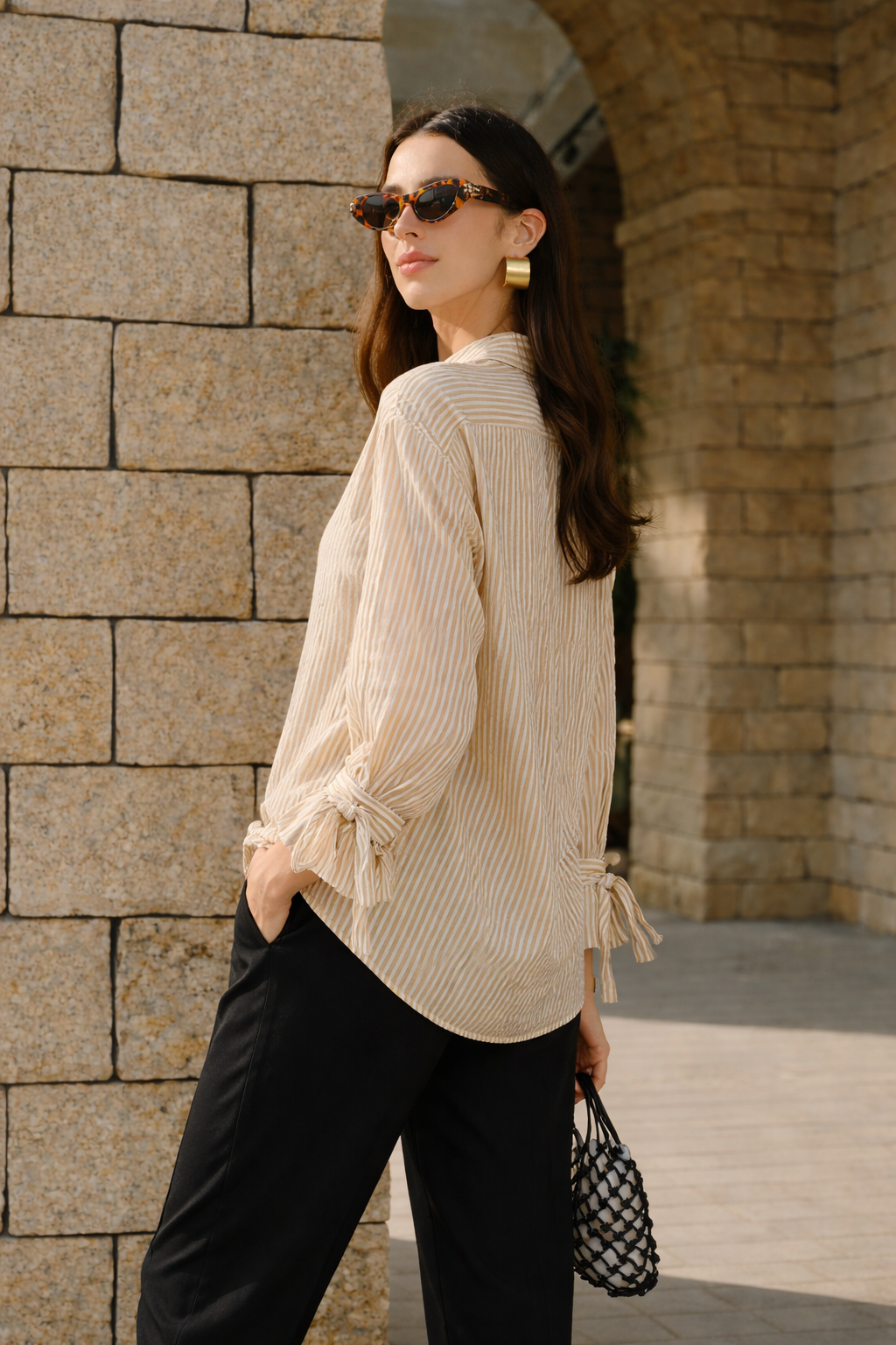 Beige Seersucker Relaxed Fit Shirt