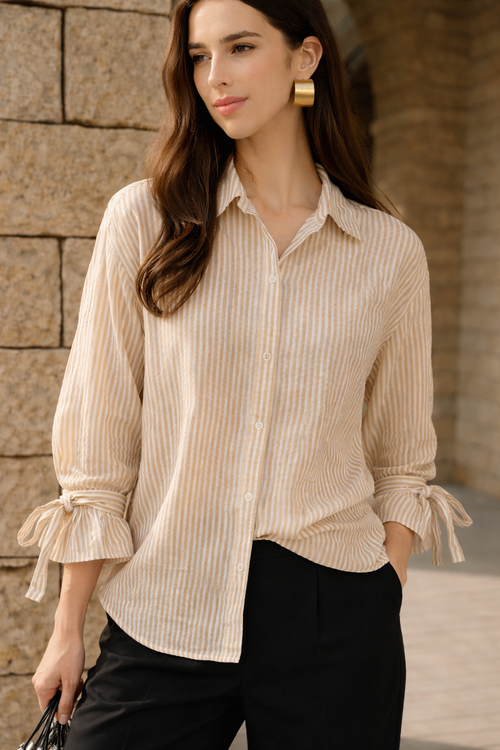 Beige Seersucker Relaxed Fit Shirt