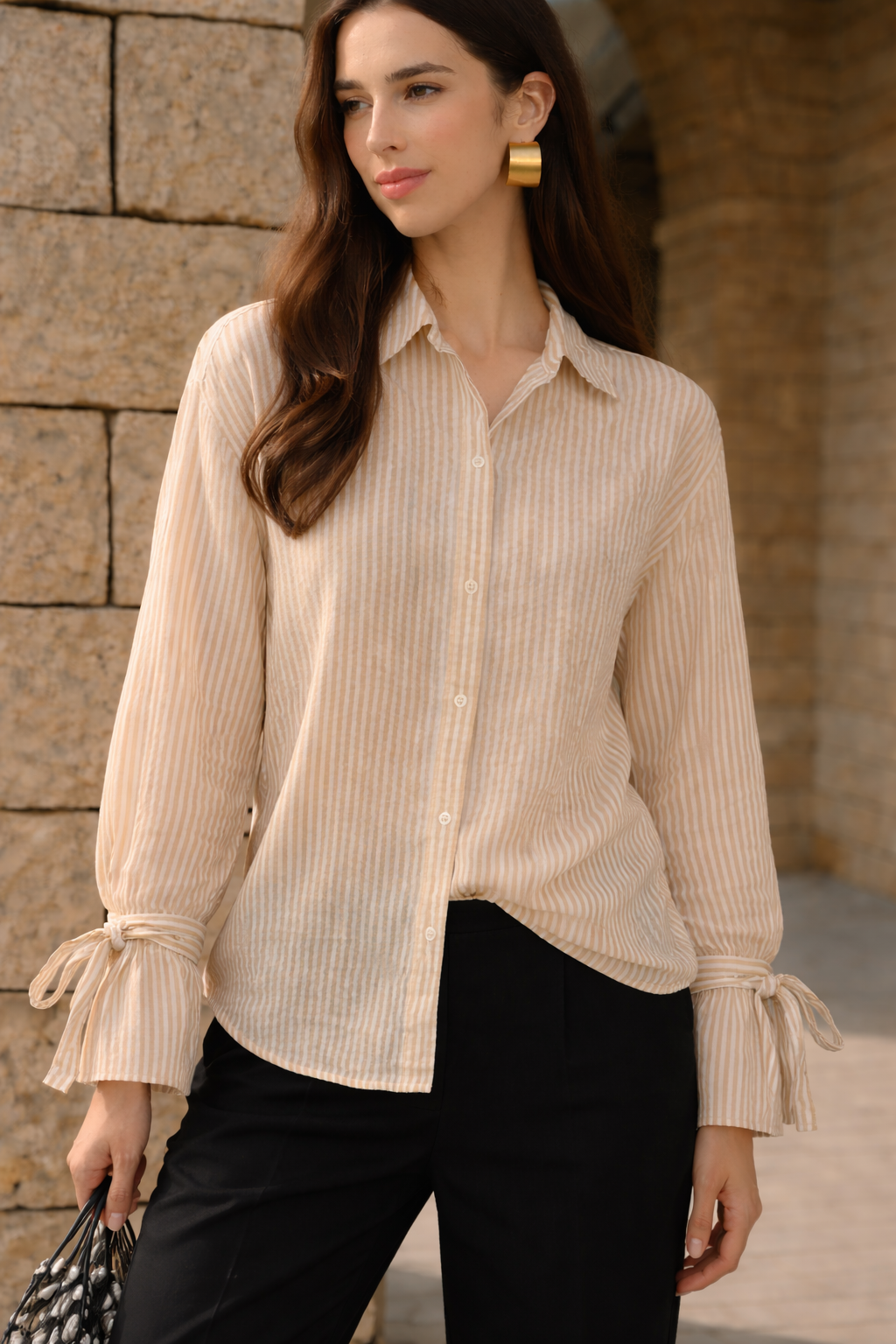 Beige Seersucker Relaxed Fit Shirt
