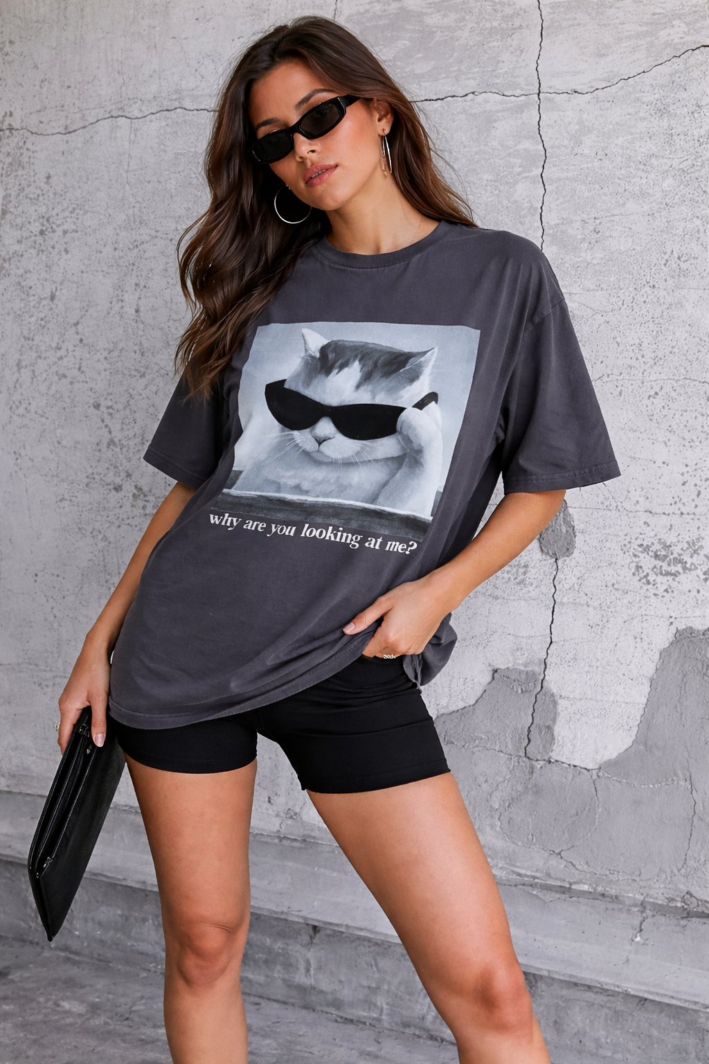 Cat Print Gray Oversized T-Shirt