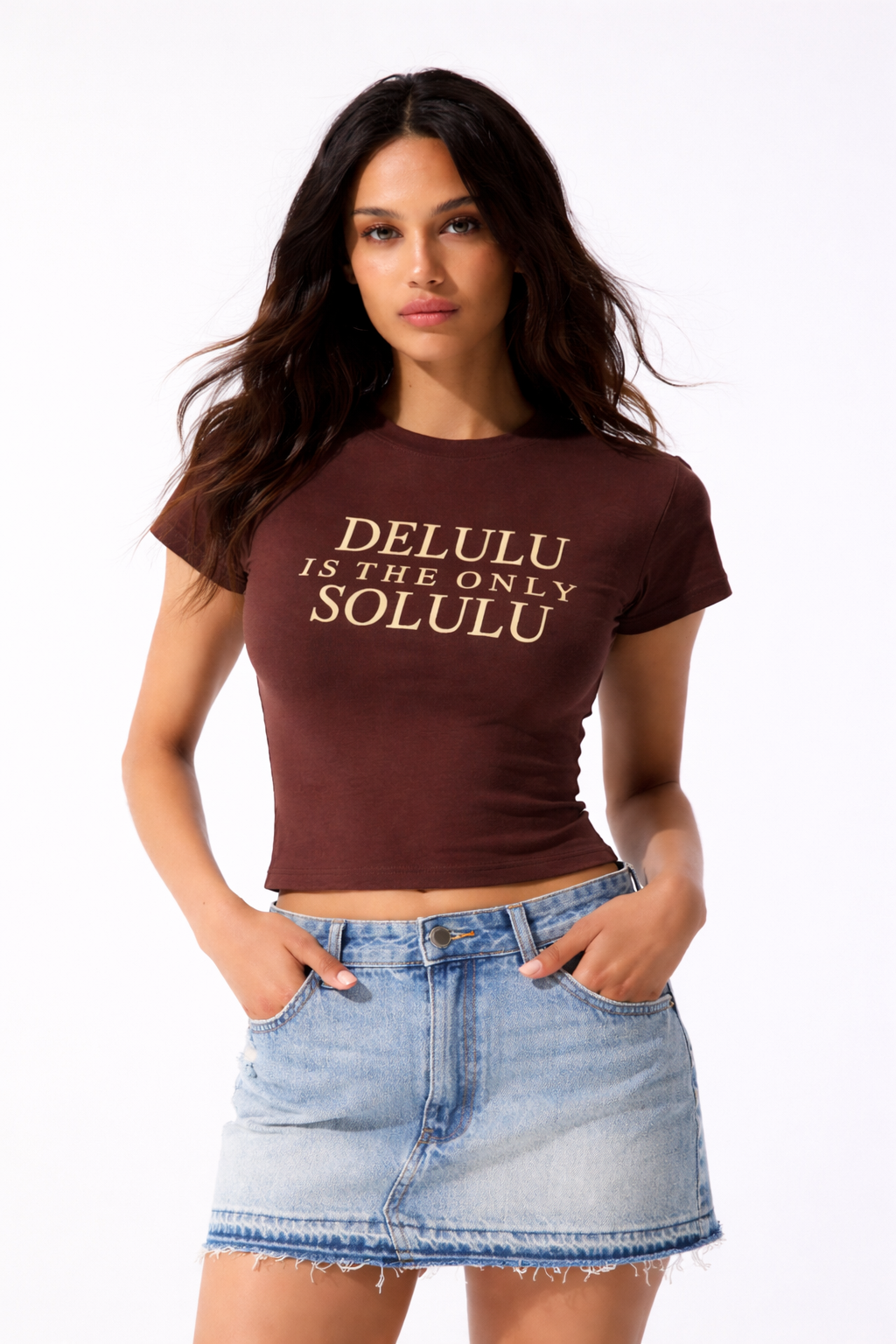 Delulu Brown Crop T-Shirt