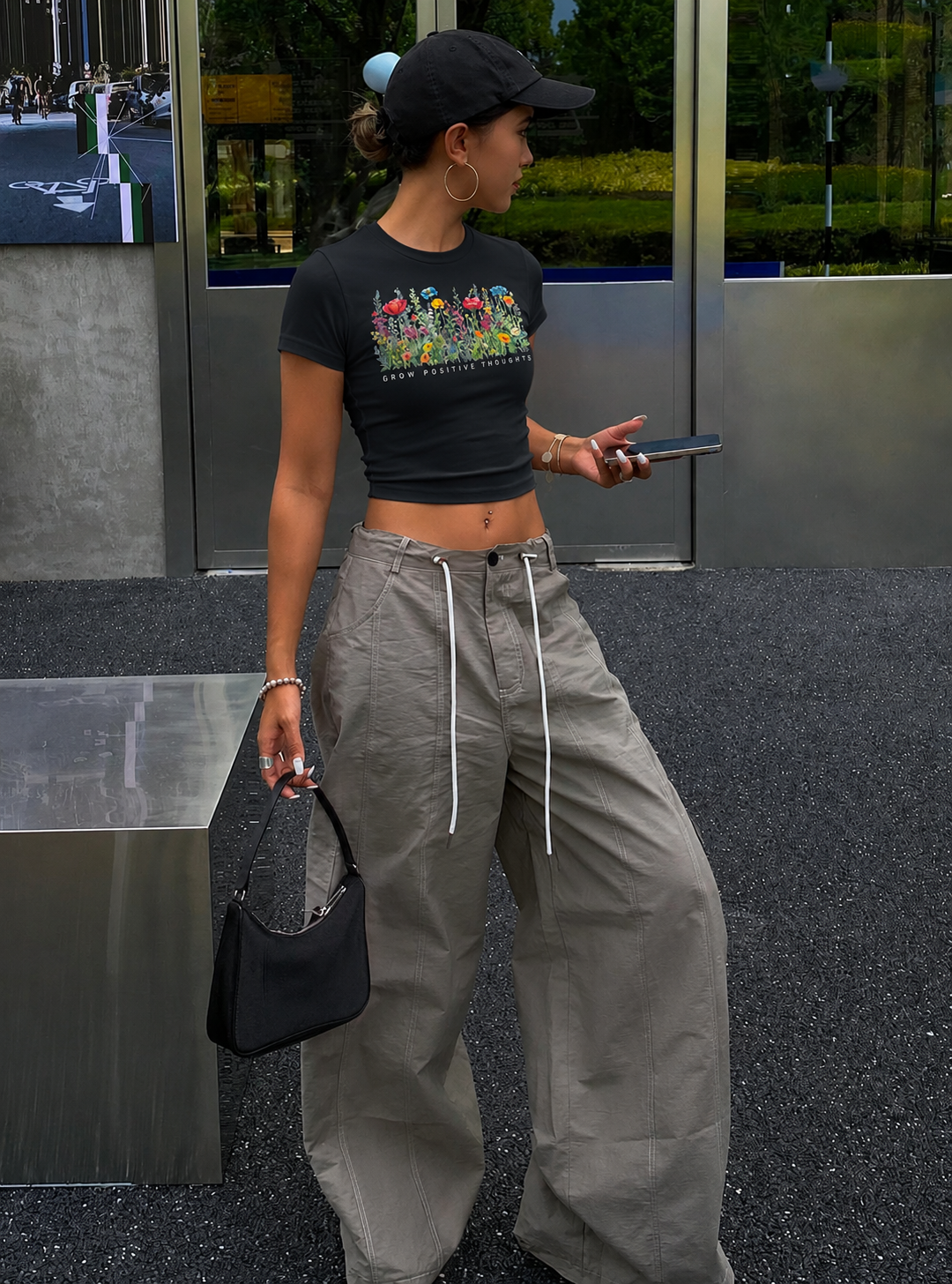 Floral Black Crop T-Shirt
