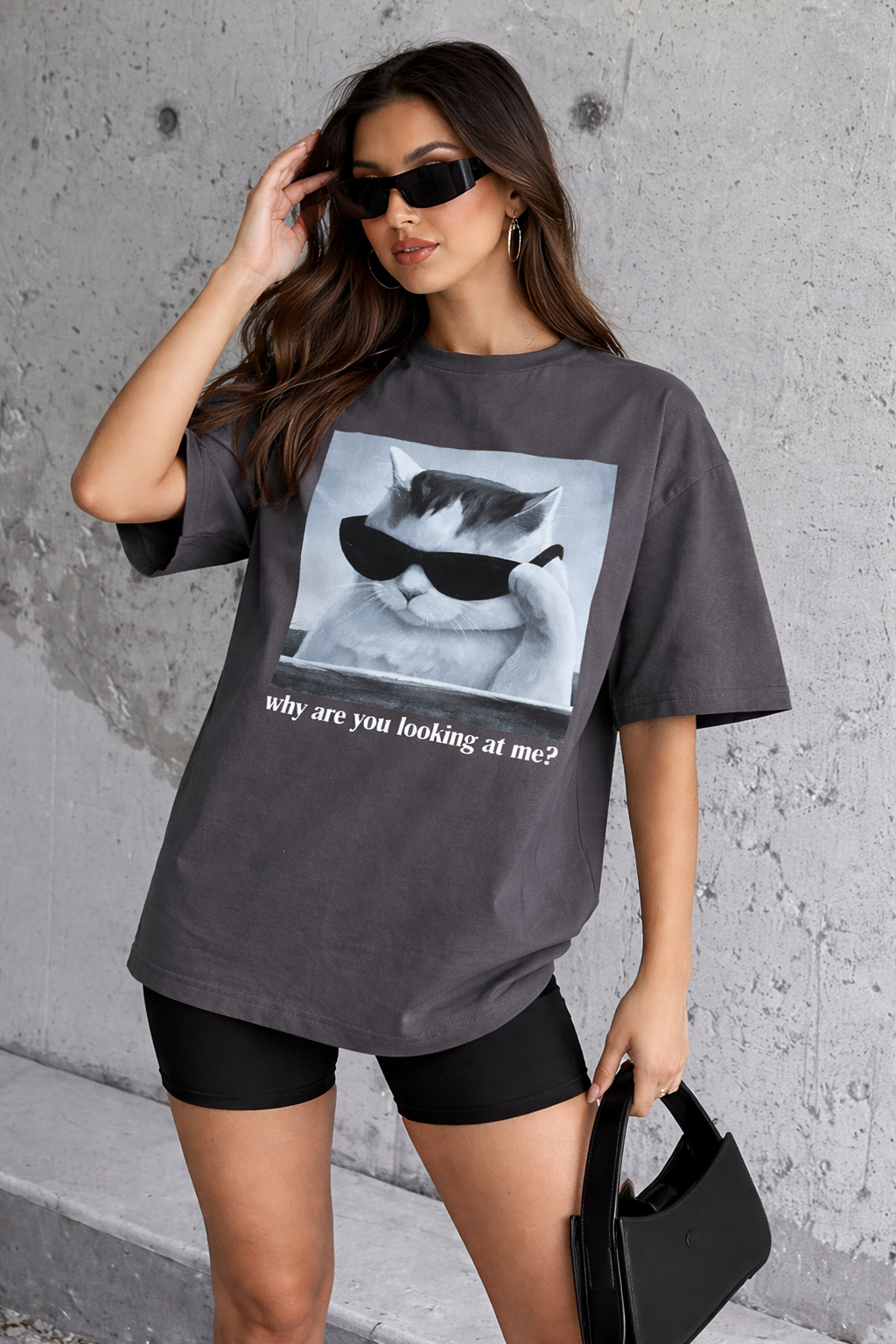 Cat Print Gray Oversized T-Shirt