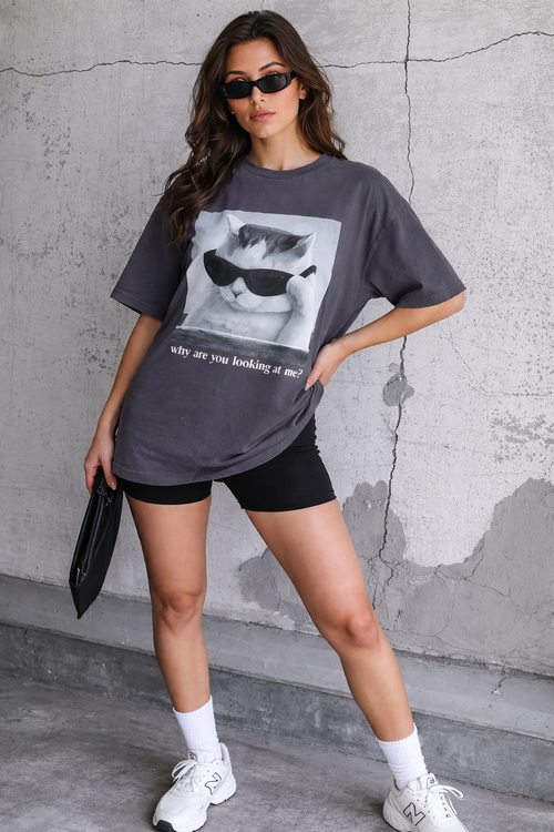 Cat Print Gray Oversized T-Shirt